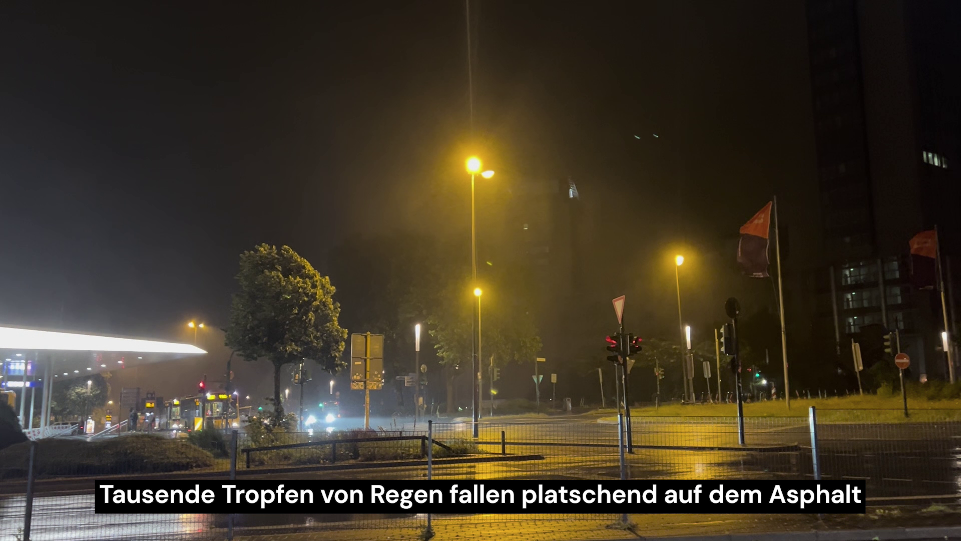 Nächtliche Straßenszene im Regen: nasser Asphalt unter Straßenlaternen, Bus an der Haltestelle, Autos mit Lichtreflexion, wehende Flaggen, Bäume und Gebäude im Hintergrund. Untertitel: Tausende Tropfen von Regen fallen platschend auf dem Asphalt.